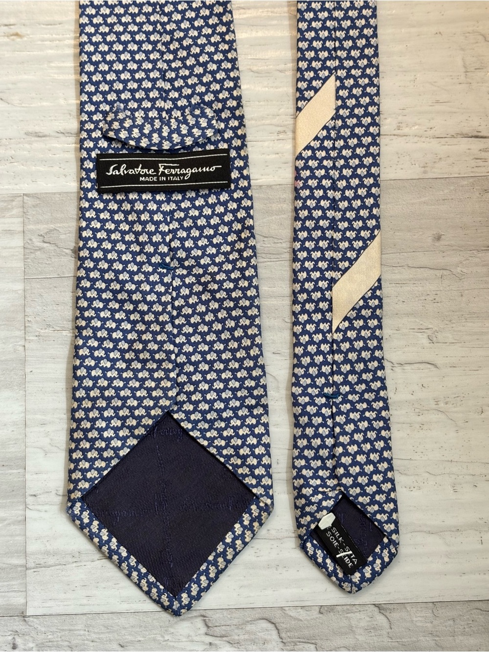 Salvatore Ferragamo Vintage Silk Blue Elephant Motif Tie Made in Italy